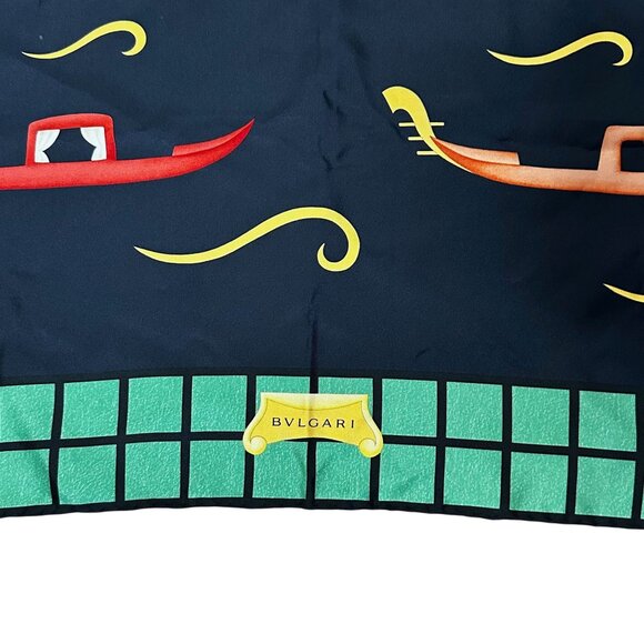 Bvlgari Silk Scarf Vintage Gondola Designer Davide Pizzigoni Blue Green 34" x 34 - Picture 3 of 12